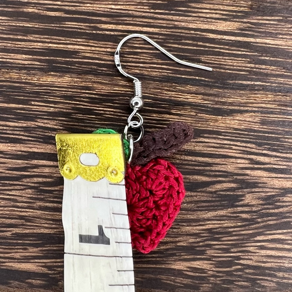 Handmade Crochet Apple Earrings on Hypoallergenic White Gold Plated Hooks Red - Picture 4 of 6